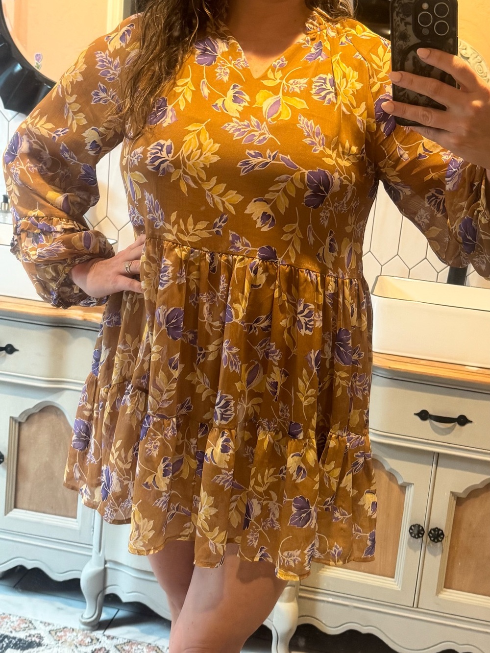 Altard State Medium Floral Tiered Babydoll Dress in Caramel with Purple Flowers